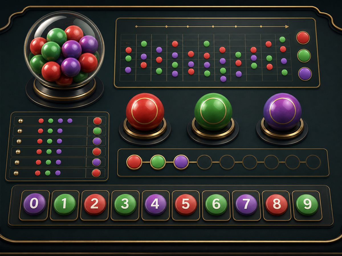Glossy color lottery balls and round history dashboard illustration