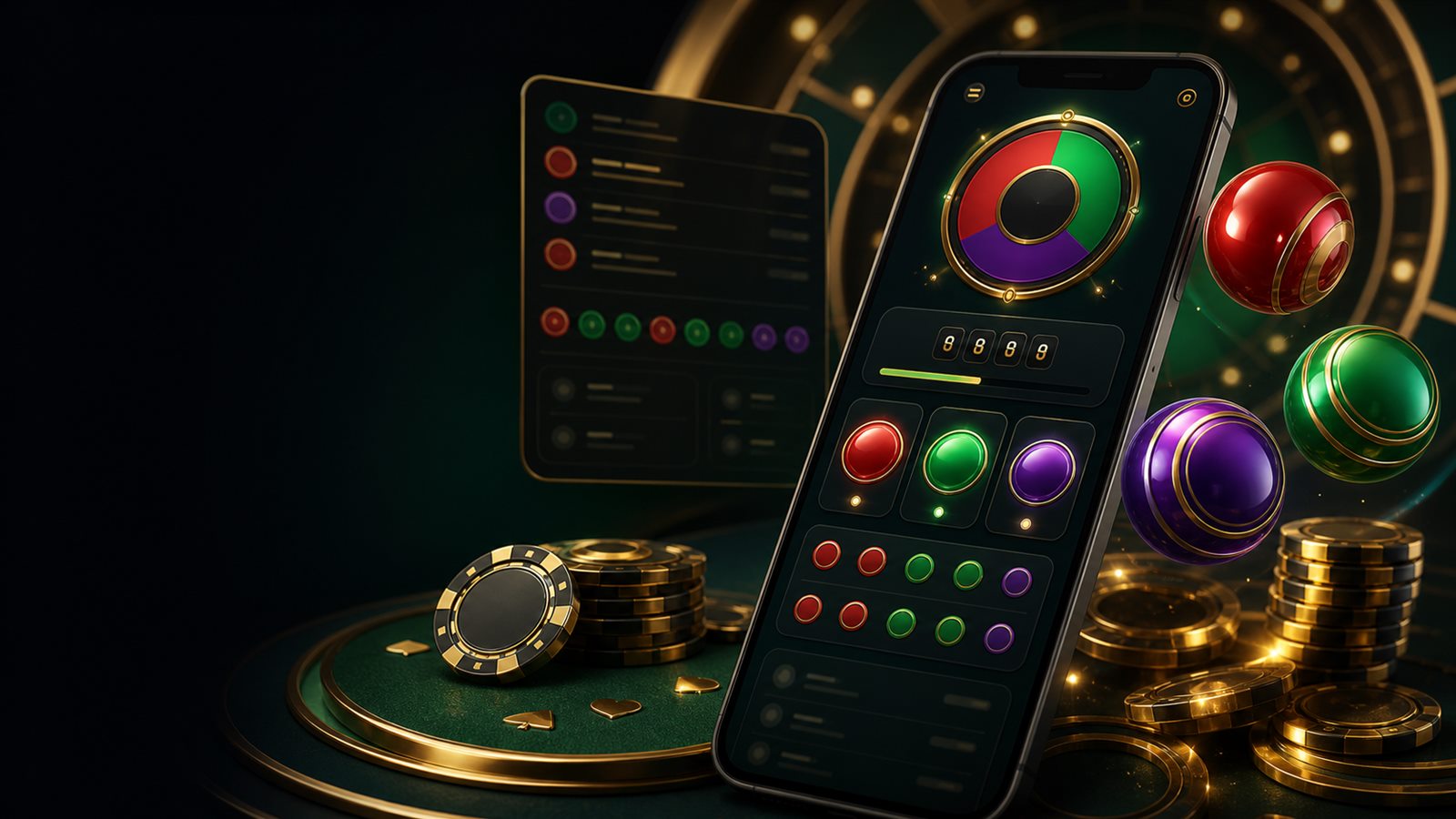 Dark premium color prediction lottery demo interface with glossy red green violet and gold tokens