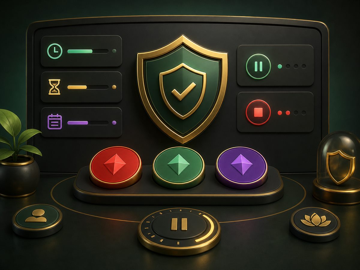 Responsible play dashboard with shield symbol, pause controls, and color prediction tokens