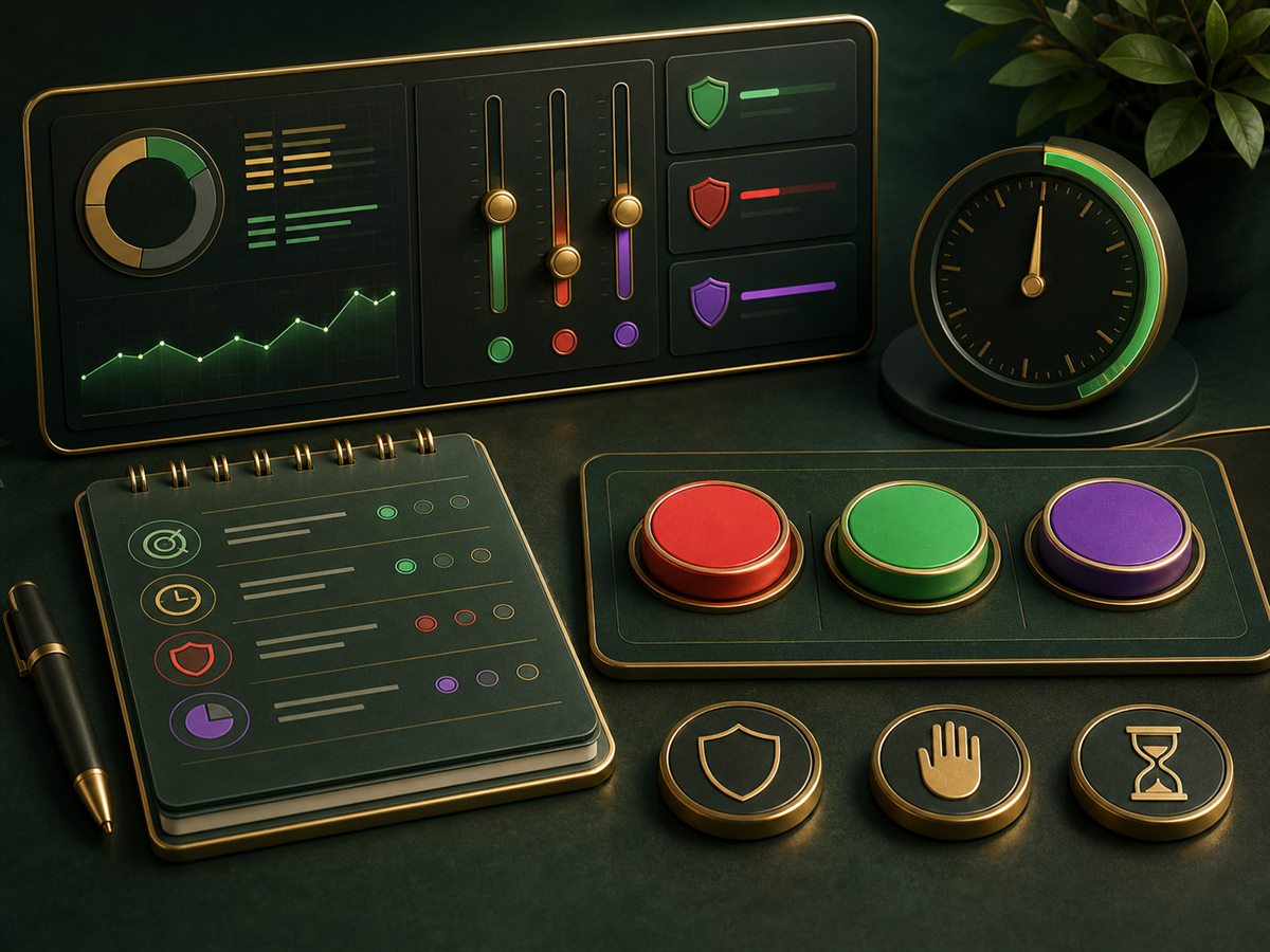 Wingo-style strategy dashboard with color tokens and session limit controls